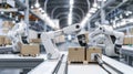 A robot arm working alongside an electric cargo bot as it delivers boxes in the style of modern warehouse creating more Royalty Free Stock Photo