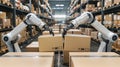 A robot arm working alongside an electric cargo bot as it delivers boxes in the style of modern warehouse creating more Royalty Free Stock Photo