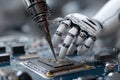 Robot Arm Working on a Computer Chip in a Futuristic Lab Setting With Advanced Technology Royalty Free Stock Photo