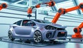Robot arms assembling cars on a automated assembly line