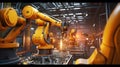 Robot Arms in communication network concept. Industrial technology heavy automation machine in smart factory. Assembly Line