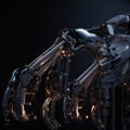 A robot arms metal and robotic parts illuminated against a dark backound while performing a series of intricate