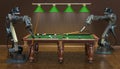 Robot arms play billiards, 3D rendering