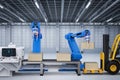 Robot arms working with cardboard boxes and forklift truck Royalty Free Stock Photo