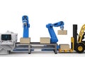 Robot arms working with cardboard boxes and forklift truck Royalty Free Stock Photo