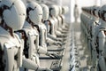 robot army or group of cyborgs in factory.