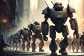 robot army marching through city, with blasters in hand