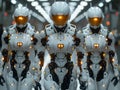 Robot army walking in row room view