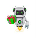 Robot with artificial intelligence, bot. Funny cartoon character holds green gift box. Humanoid cybernetic organism. Future