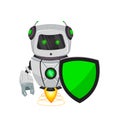 Robot with artificial intelligence, bot. Funny cartoon character holds green shield. Humanoid cybernetic organism. Future concept Royalty Free Stock Photo