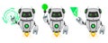 Robot with artificial intelligence, bot, set of three poses. Funny cartoon character points on hologram and shows on green lamp. Royalty Free Stock Photo