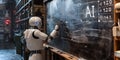 A robot with artificial intelligence learning or solving problems on a blackboard Royalty Free Stock Photo