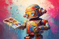 Robot artist covered with spots of paint holding brush, looks at a palette standing in front of colorful background. Concept of Royalty Free Stock Photo