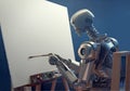 Robot artist holding a paintbrush, working at an easel on a painting, showing AI creativity at work. Generative AI illustration