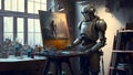 robot artist in the studio next to his easel, painting and paints while working, neural network ai generated art