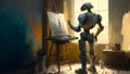 robot artist in the studio next to his easel, painting and paints while working, neural network ai generated art
