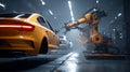Robot Assembles Car in a Light Tunnel During a Futuristic Production Process in a High-Tech Facility Royalty Free Stock Photo