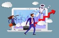 Robot assistant in business from screen of laptop prompts head direction for movement to success. Happy employees look to