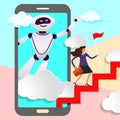 robot assistant in business from screen of mobile device prompts head direction for movement to success Royalty Free Stock Photo