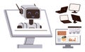 Robot assistant on computer monitor alongside laptops, displays, and data dashboard elements Royalty Free Stock Photo