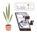 Robot assistant emerging from smartphone with data chart and potted plant for futuristic analytics concept Royalty Free Stock Photo