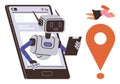Robot assistant emerging from smartphone screen with map pin and flying figure indicating navigation Royalty Free Stock Photo