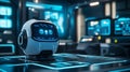 Robot Assistant on Futuristic Desk in Control Room with Glowing Screen