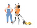 Robot assistant help to mow lawn vector illustration