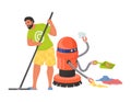 Robot assistant helping man to clean house vector Royalty Free Stock Photo