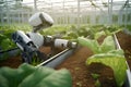 A robot assistant helps in agriculture to grow plants in a greenhouse, Generative AI
