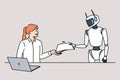 Robot assistant helps woman office worker by handing over documents and eliminating paperwork