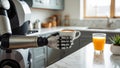 Robot assistant serving coffee in a modern kitchen, demonstrating future automation, artificial intelligence, and smart home Royalty Free Stock Photo