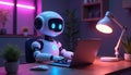 Robot assistant working on laptop. AI bot uses a computer. Futuristic tech concept features an android and digital devices. Royalty Free Stock Photo