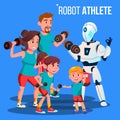 Robot Athlete Personal Fitness Trainer With Dumbbells Vector. Isolated Illustration