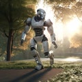 Robot athlete runs along the path in the park. AI generative