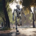Robot athlete runs through the park. AI generative