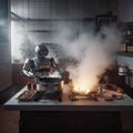 Robot attempts to cook in the kitchen