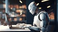 Robot autonomous concept. Many AI cyborg android working with laptop in office. Chat GPT chatbot