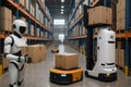 Robot and Autonomous Forklift in a Warehouse with Shelves of Boxes Keywords: robot, android, humanoid, artificial intelligence, AI Royalty Free Stock Photo