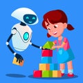 Robot Baby Sitter Playing Cubes With Child Vector. Isolated Illustration Royalty Free Stock Photo