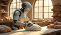 Robot baker kneads dough in rustic bakery, blending automation with tradition. Advanced AI technology prepares food efficiently. Royalty Free Stock Photo
