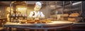 a robot bakes bread in a bakery, the concept of work automation, banner