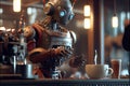 Robot barista chef prepares espresso in bar. Replacing human labor with robotics. Future concept with smart robotics and