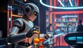 Robot bartender, futuristic bar, and AI technology, Stock Photo, Generative AI