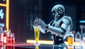 Robot bartender, futuristic bar, robot mixing drinks, AI bartender Generative AI