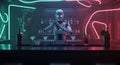 Robot Bartender Mixing Drinks at a Neon Lit Bar Counter