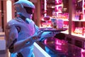 Robot bartender serving cocktails at the bar counter, AI generated