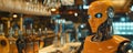 Robot bartender serving drinks in modern bar setting with illuminated bottles, copy space for text