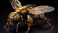 A metallic robot bee with yellow and black parts, AI