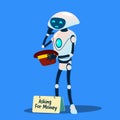 Robot Beggar Asking For Money With Hat In Hand Vector. Isolated Illustration